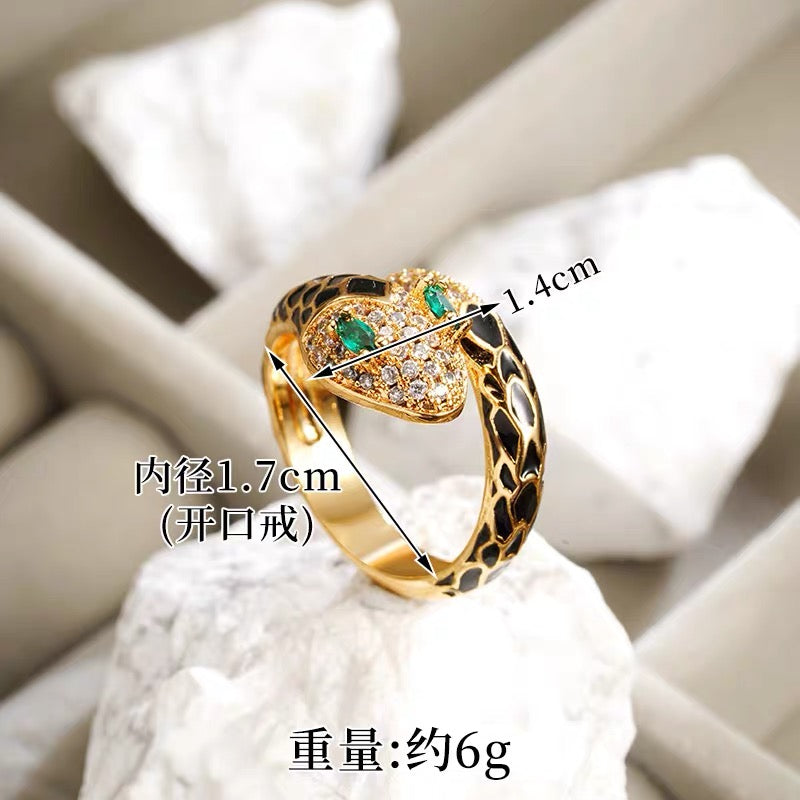 18K Gold-plated Colored Enamel Snakehead with Zircon Inlay Open Bangle+Rings One Set