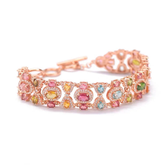Rose Estate Ring Rainbow Diamond-Studded Natural Tourmaline Bracelet Set