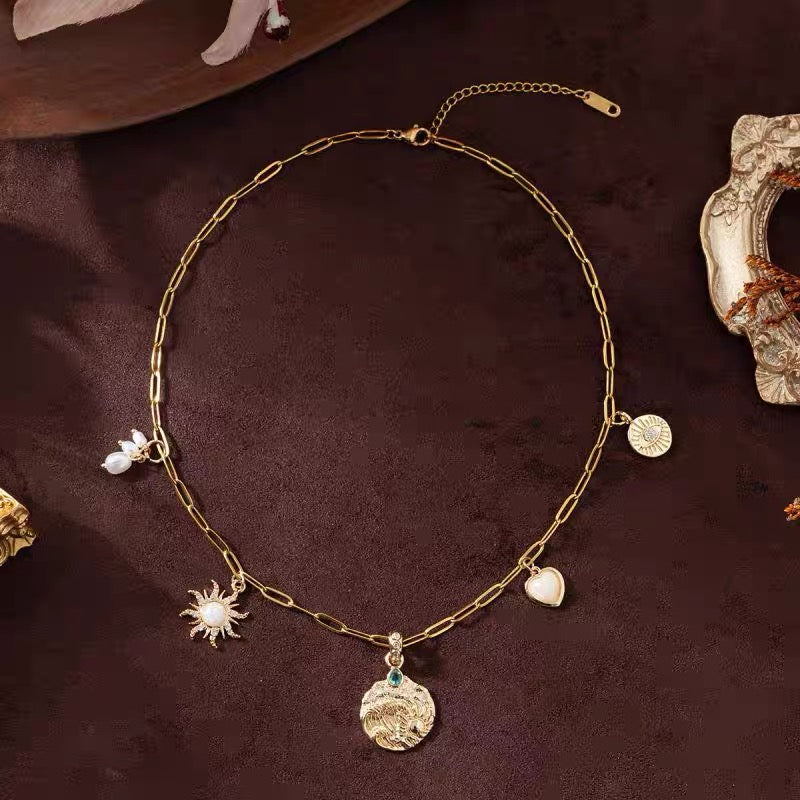 Evil Eye Pendant Heart Pearl Ocean Collarbone Gold Plated Necklace