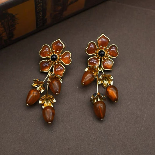 Vintage Amber Stone Flower Long Earrings