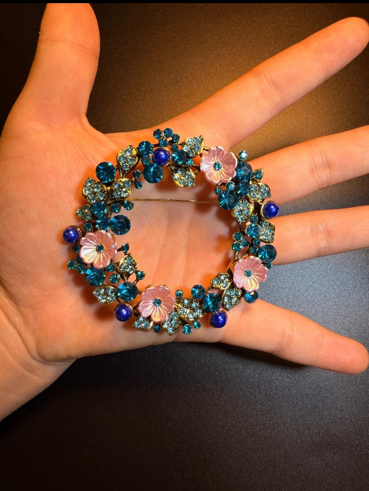 Floral Wreath Brooch in Teal and Rose Pink