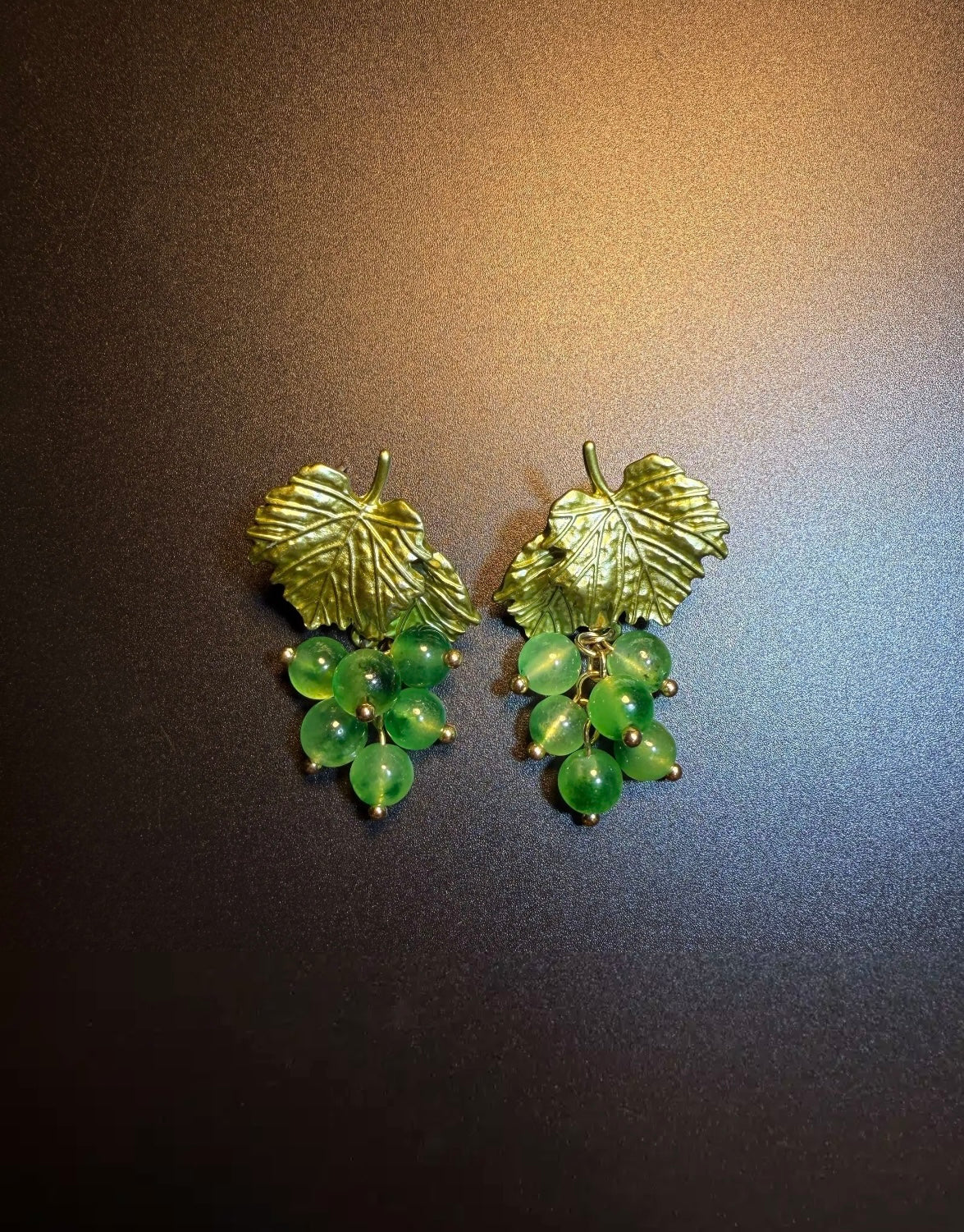 🍇 Gilded Grape Vine & Green Stone Cluster Earrings