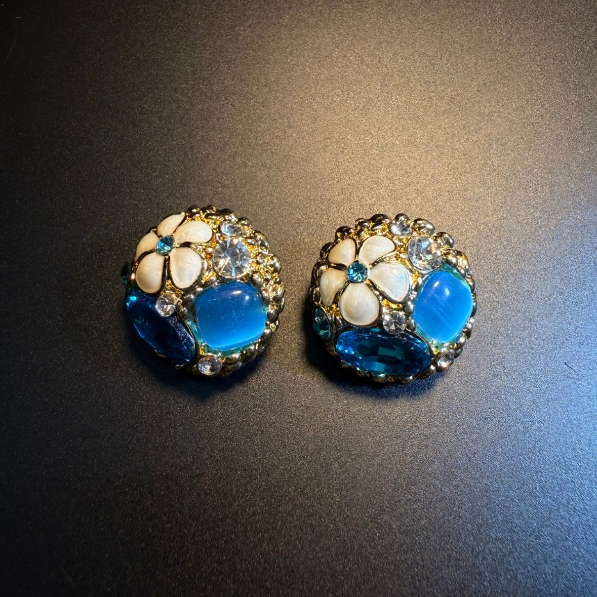 Blue crystal drop glaze flower earrings