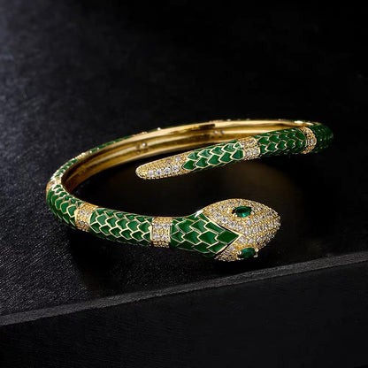 18K Gold-plated Colored Enamel Snakehead with Zircon Inlay Open Bangle+Rings One Set