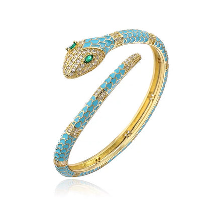 18K Gold-plated Colored Enamel Snakehead with Zircon Inlay Open Bangle+Rings One Set