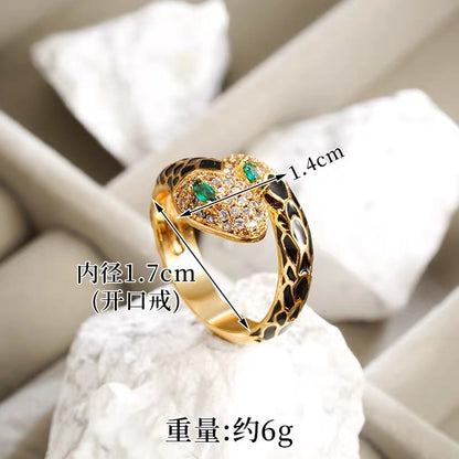 18K Gold-plated Colored Enamel Snakehead with Zircon Inlay Open Bangle+Rings One Set