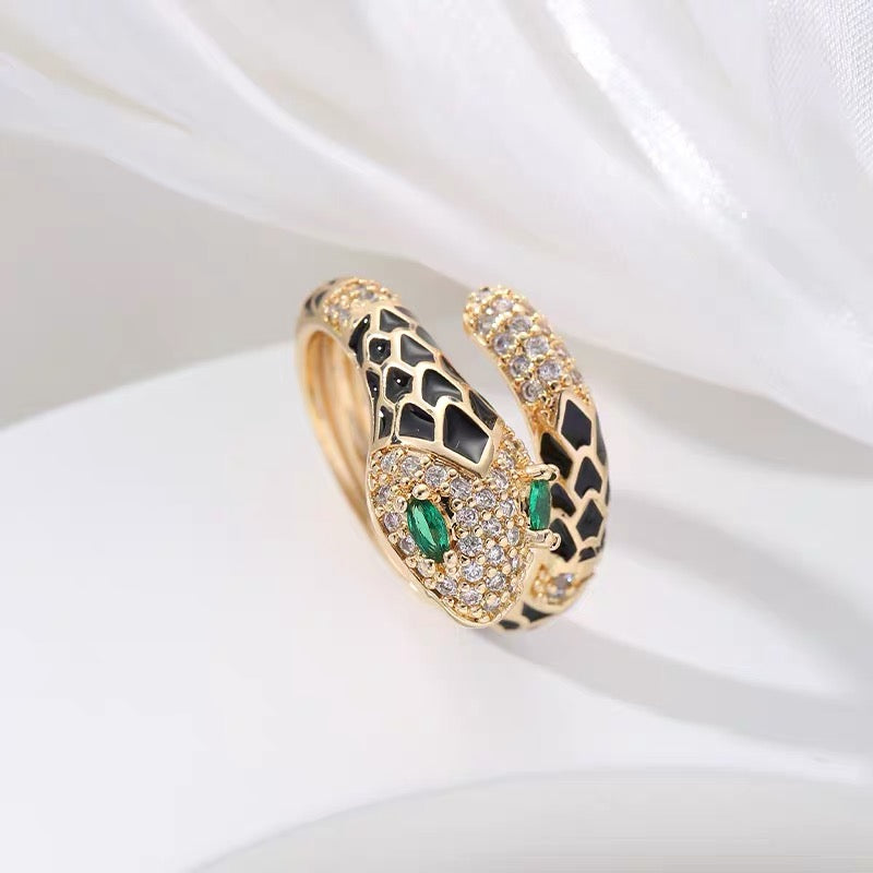 18K Gold-plated Colored Enamel Snakehead with Zircon Inlay Open Bangle+Rings One Set