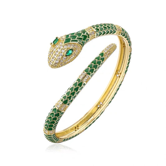 18K Gold-plated Colored Enamel Snakehead with Zircon Inlay Open Bangle+Rings One Set