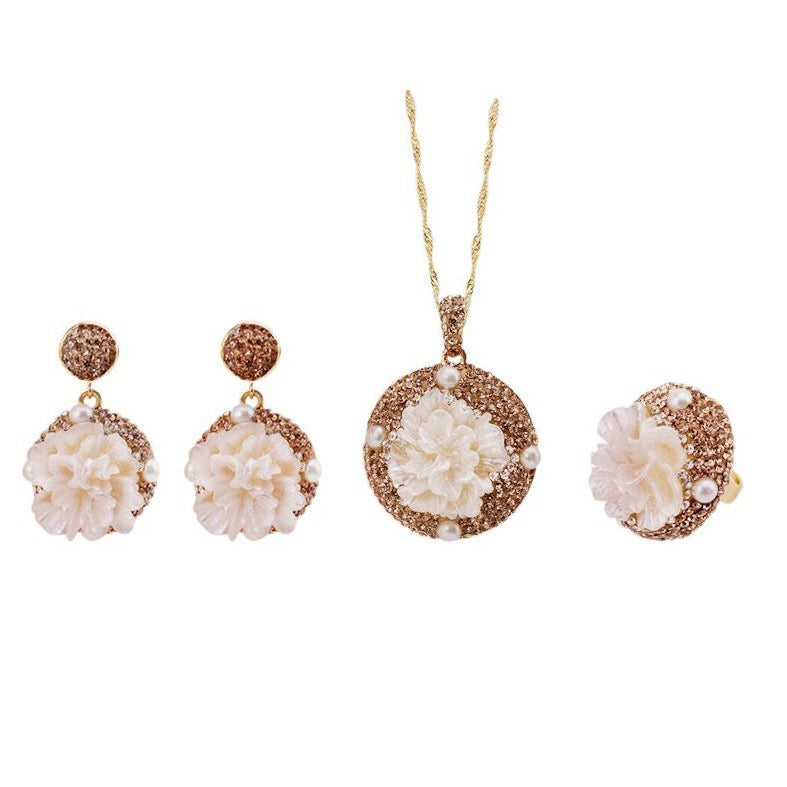Carved Mother-of-Pearl & Peony Gold Tone Jewelry Set 🌺
