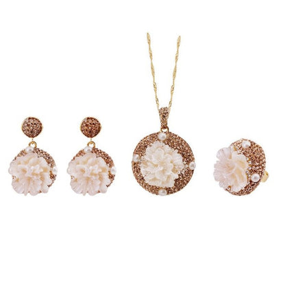 Carved Mother-of-Pearl & Peony Gold Tone Jewelry Set 🌺