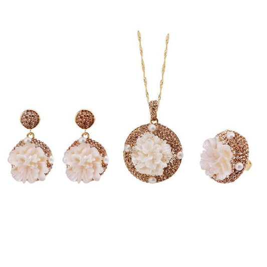 Carved Mother-of-Pearl & Peony Gold Tone Jewelry Set 🌺