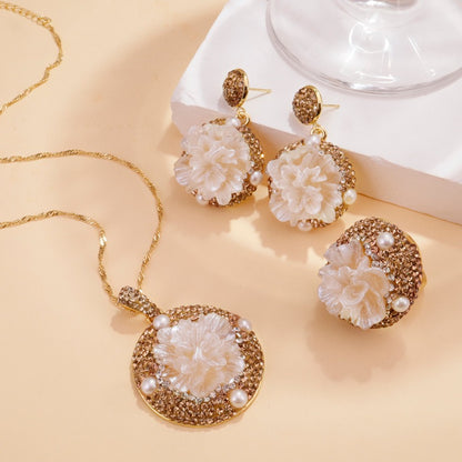 Carved Mother-of-Pearl & Peony Gold Tone Jewelry Set 🌺