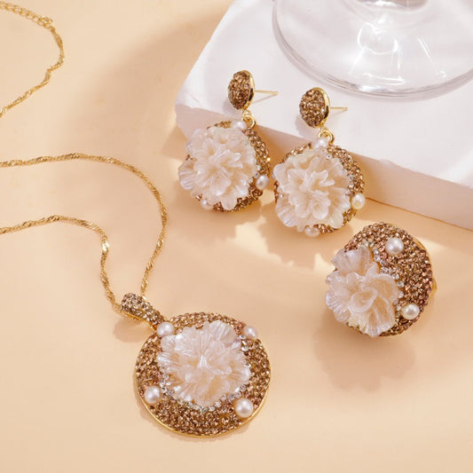 Carved Mother-of-Pearl & Peony Gold Tone Jewelry Set 🌺