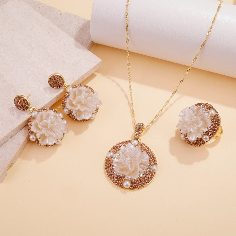 Carved Mother-of-Pearl & Peony Gold Tone Jewelry Set 🌺