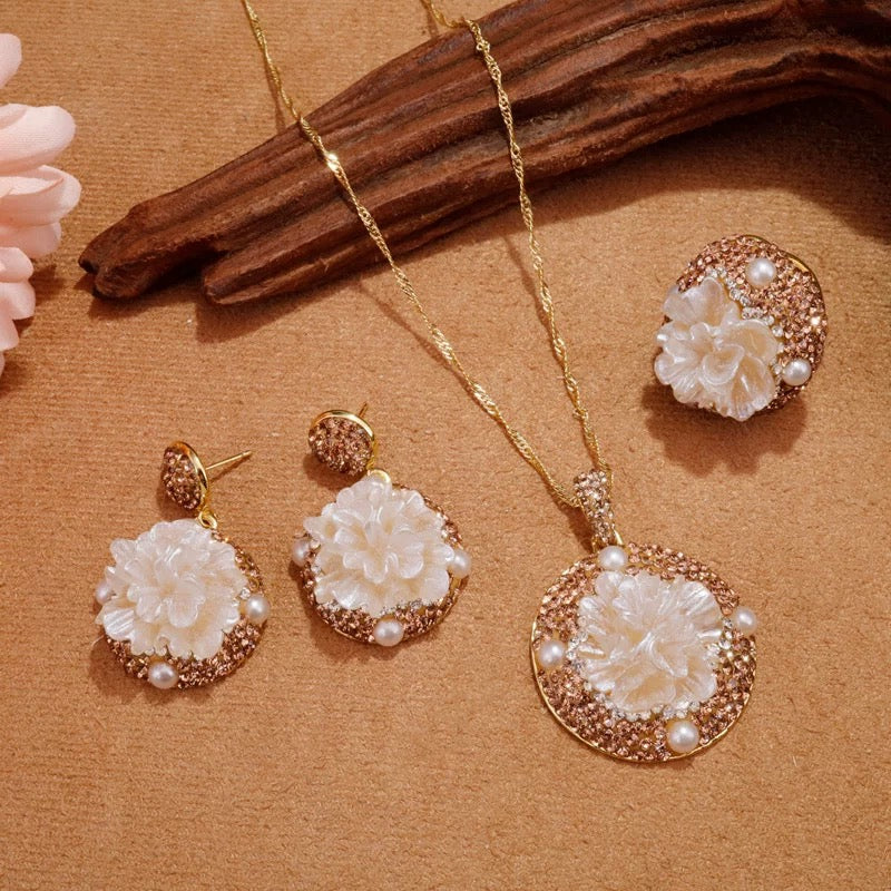 Carved Mother-of-Pearl & Peony Gold Tone Jewelry Set 🌺