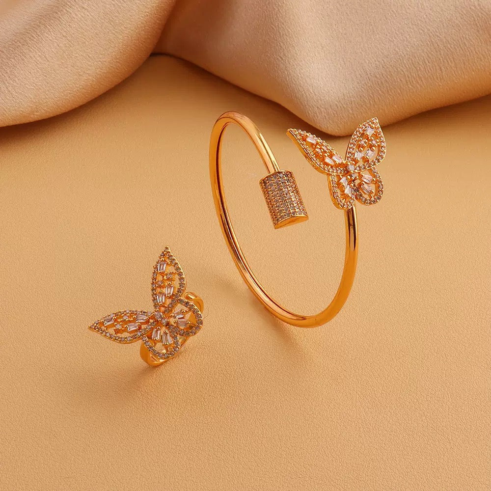 Vintage Zircon Openwork Butterfly Bangle and Ring Set 🦋