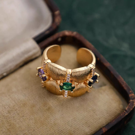 Vintage Brass Gold-Plated Colored Zircon Open Ring