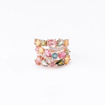 Rose Estate Ring Rainbow Diamond-Studded Natural Tourmaline Bracelet Set