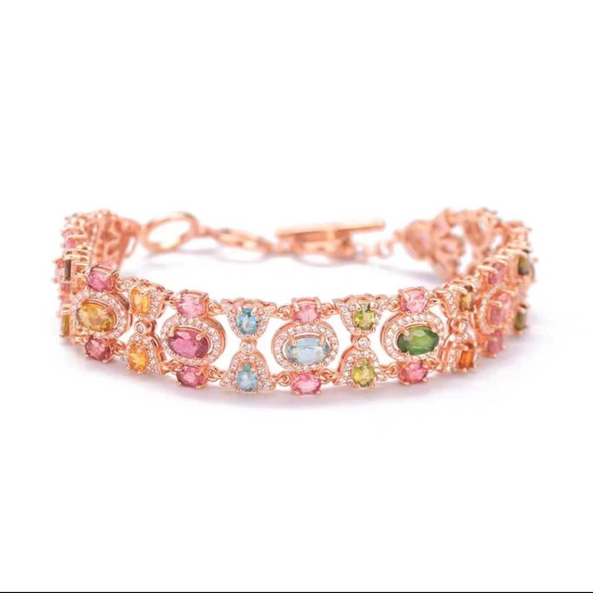 Rose Estate Ring Rainbow Diamond-Studded Natural Tourmaline Bracelet Set