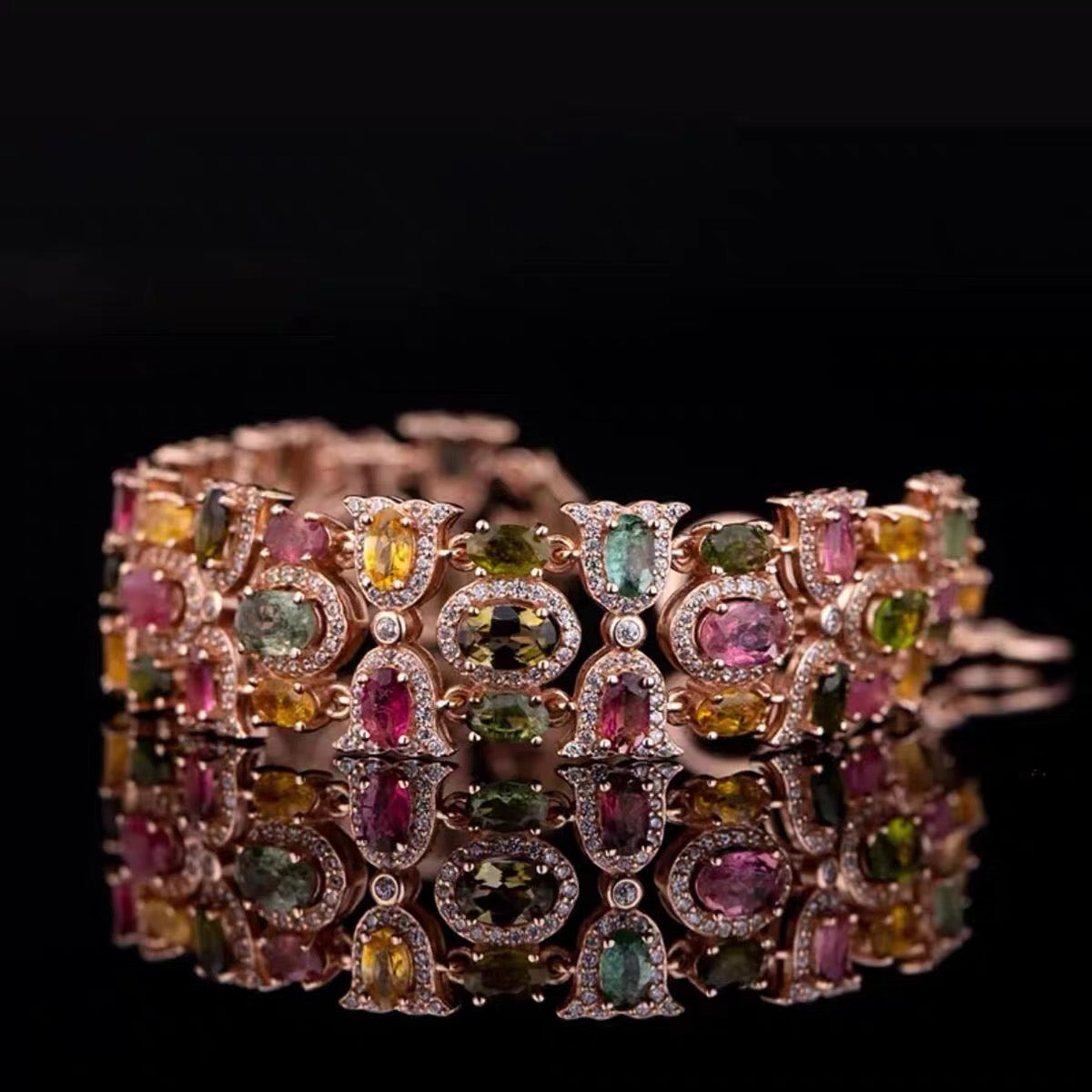 Rose Estate Ring Rainbow Diamond-Studded Natural Tourmaline Bracelet Set