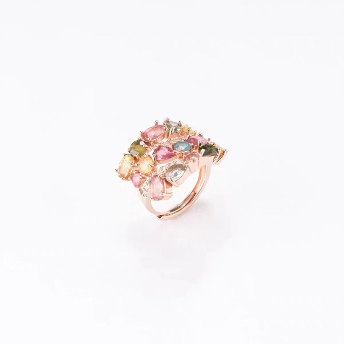 Rose Estate Ring Rainbow Diamond-Studded Natural Tourmaline Bracelet Set