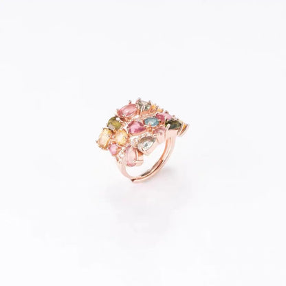 Rose Estate Ring Rainbow Diamond-Studded Natural Tourmaline Bracelet Set