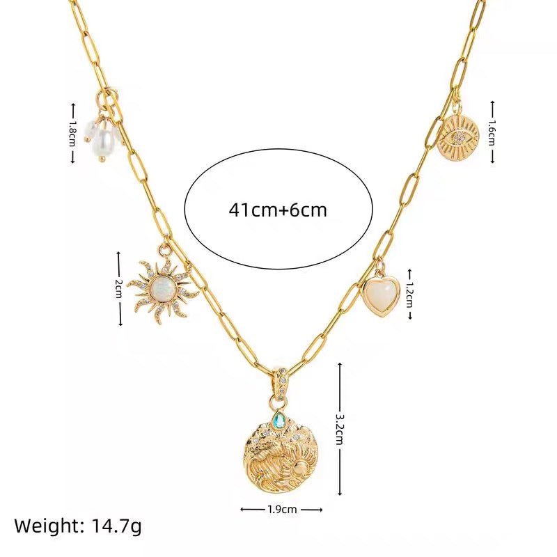 Evil Eye Pendant Heart Pearl Ocean Collarbone Gold Plated Necklace