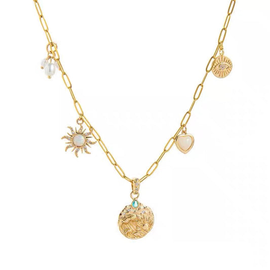 Evil Eye Pendant Heart Pearl Ocean Collarbone Gold Plated Necklace