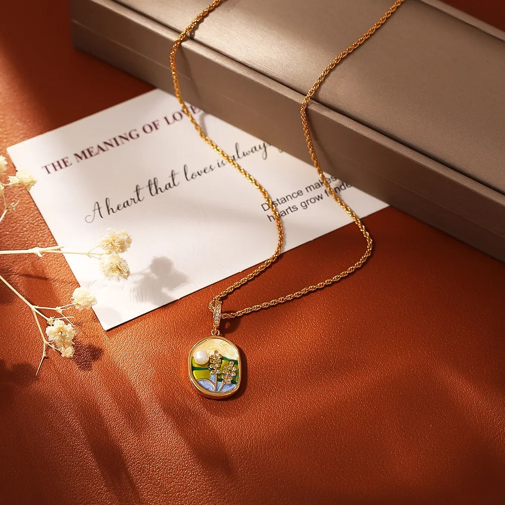 Vintage-style oil painting necklace with natural freshwater pearls 🖼️