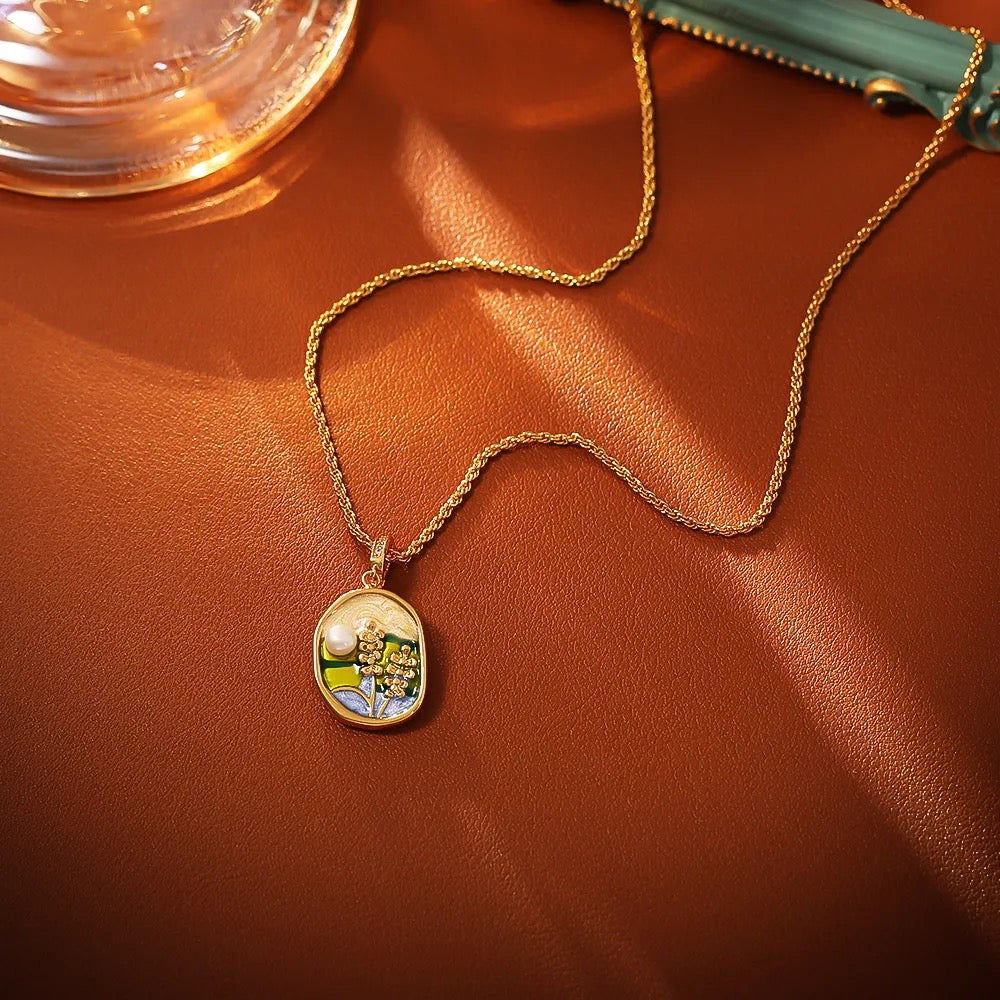 Vintage-style oil painting necklace with natural freshwater pearls 🖼️