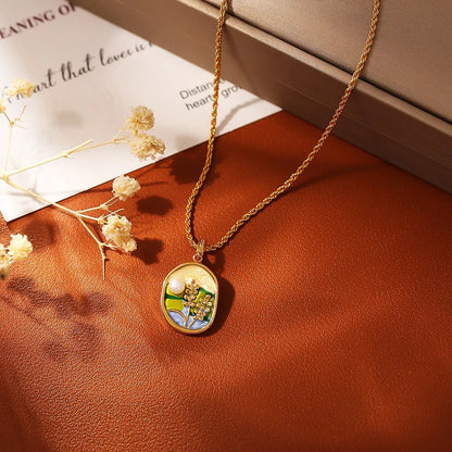 Vintage-style oil painting necklace with natural freshwater pearls 🖼️