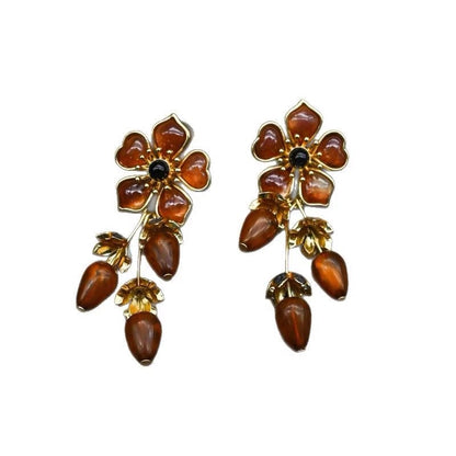 Vintage Amber Stone Flower Long Earrings