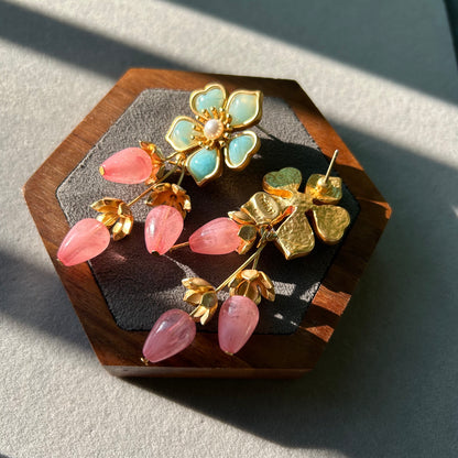 Vintage Amber Stone Flower Long Earrings