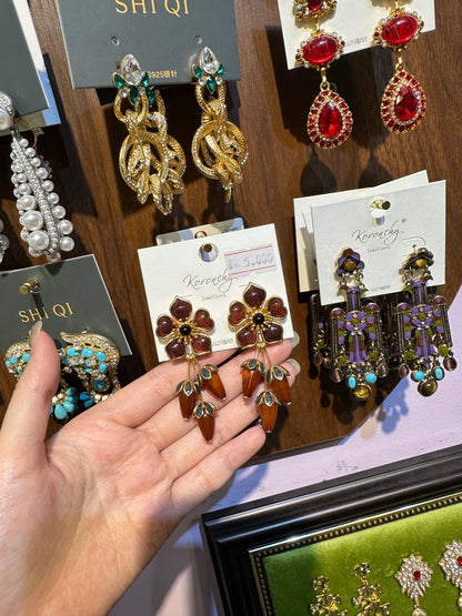 Vintage Amber Stone Flower Long Earrings