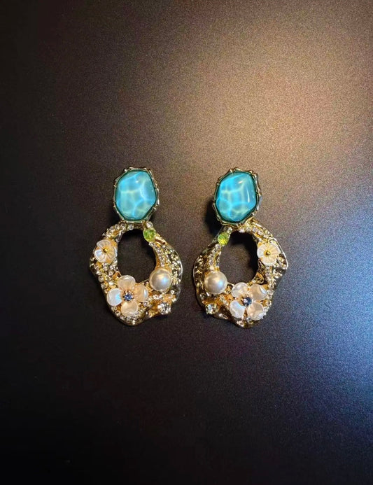 Limited edition water ripple blue pearl flower vintage earrings