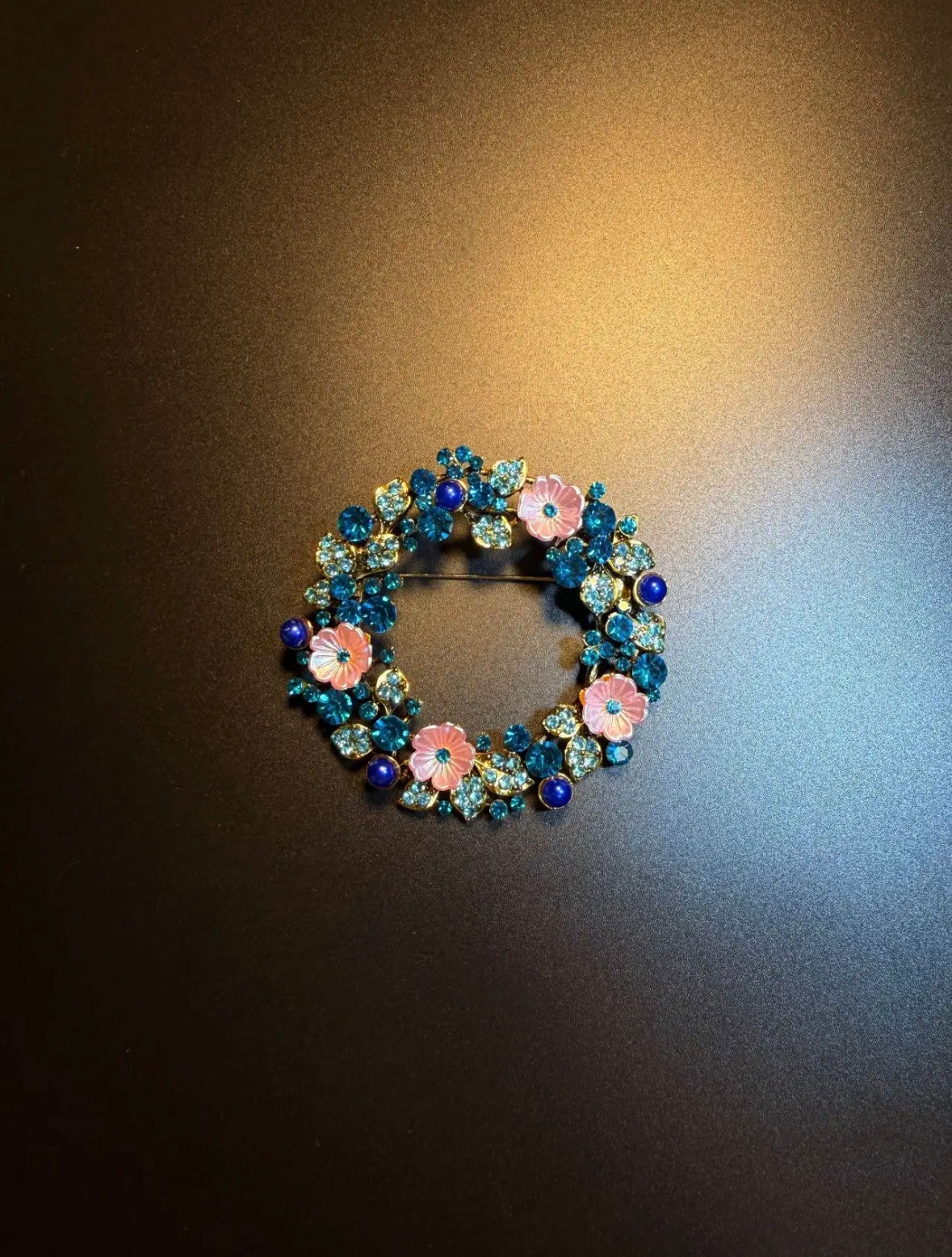 Floral Wreath Brooch in Teal and Rose Pink