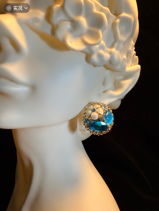 Blue crystal drop glaze flower earrings