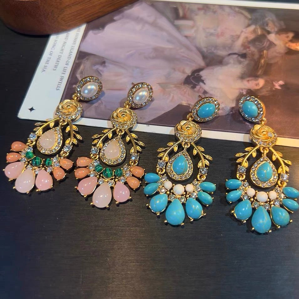 Medieval court-style tassel flower earrings with 925 silver needles